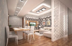 Vách ngăn phòng khách được cắt bằng công nghệ CNC hiện đại, các kiểu vách ngăn phòng khách đẹp