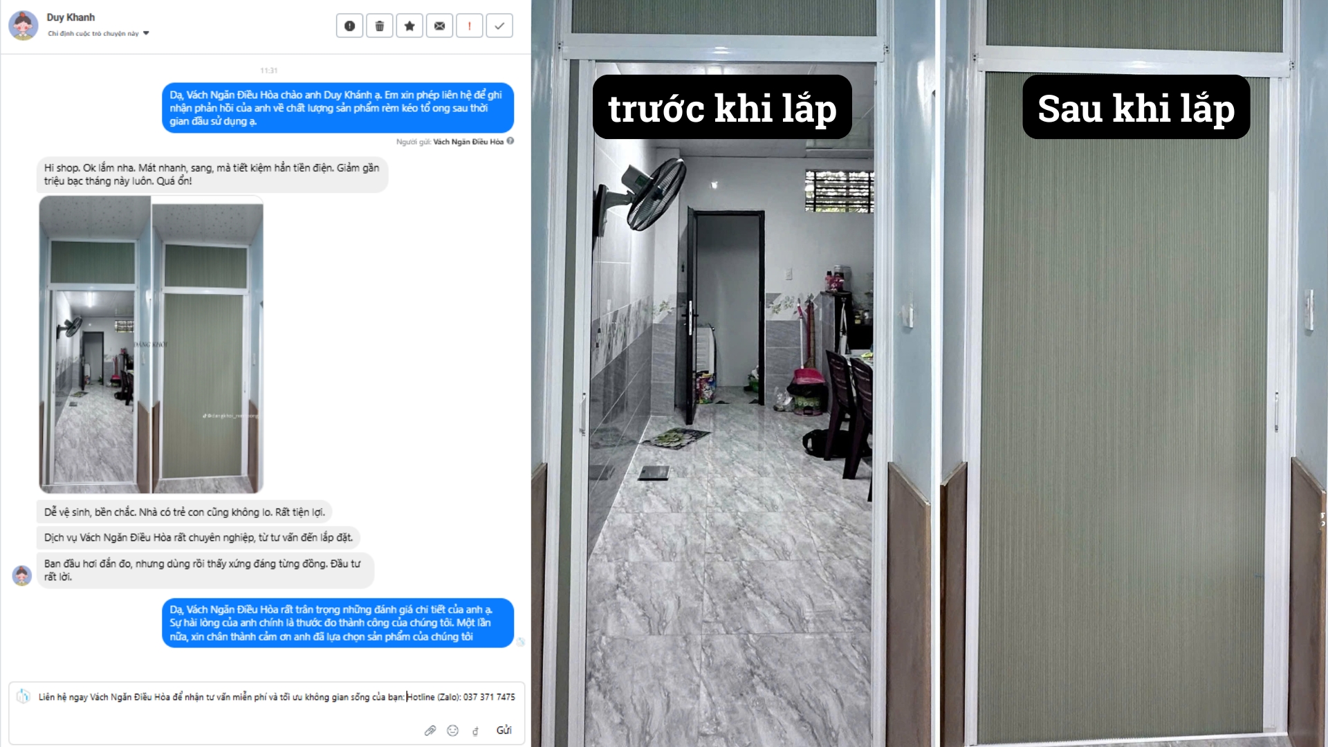 Ảnh chụp màn hình tin nhắn Zalo của khách hàng Duy Khánh khen ngợi rèm tổ ong giúp tiết kiệm điện và làm mát nhanh.