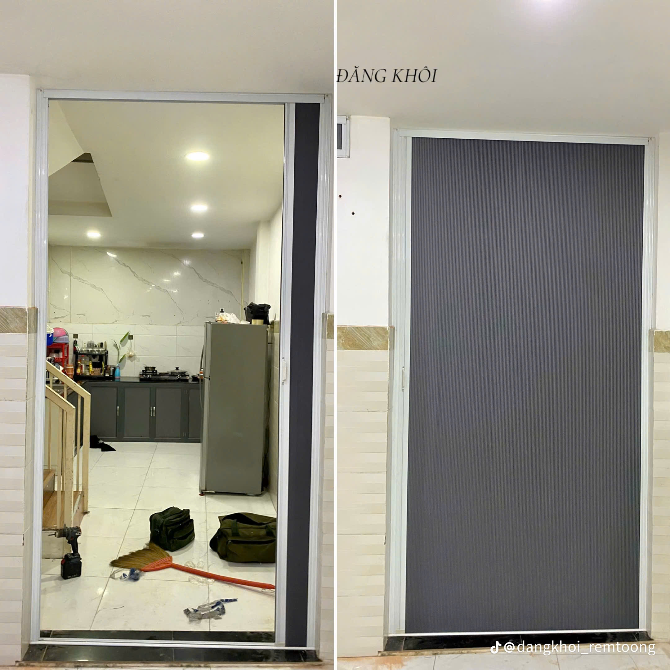 Rèm kéo tổ ong màu xám nhạt được lắp đặt tại khu vực cửa kính lớn, phòng khách của căn nhà phố.