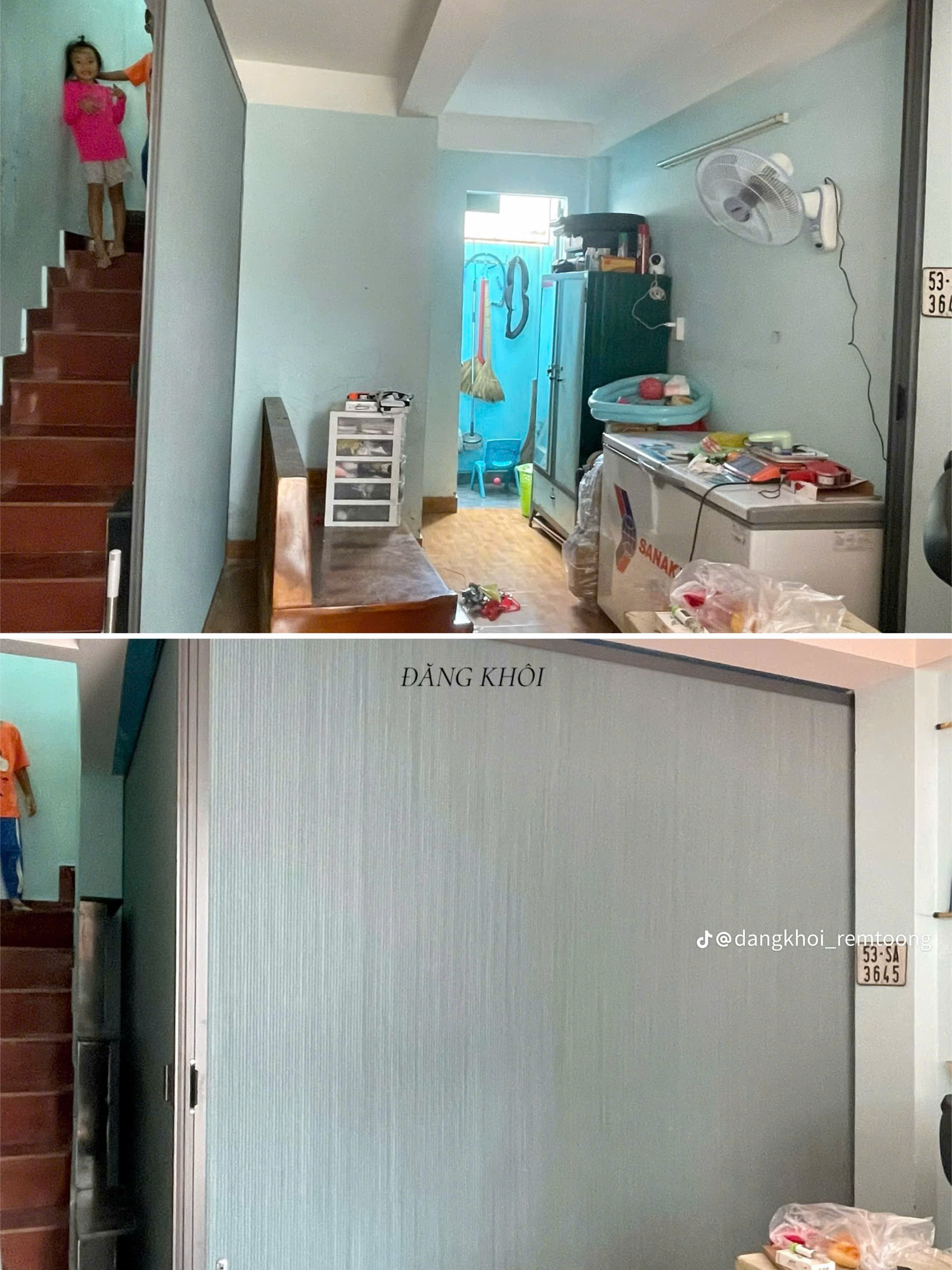 Góc nhìn từ bên trong căn phòng ra cửa kính lớn, cho thấy hiệu quả che chắn và thẩm mỹ của rèm tổ ong.